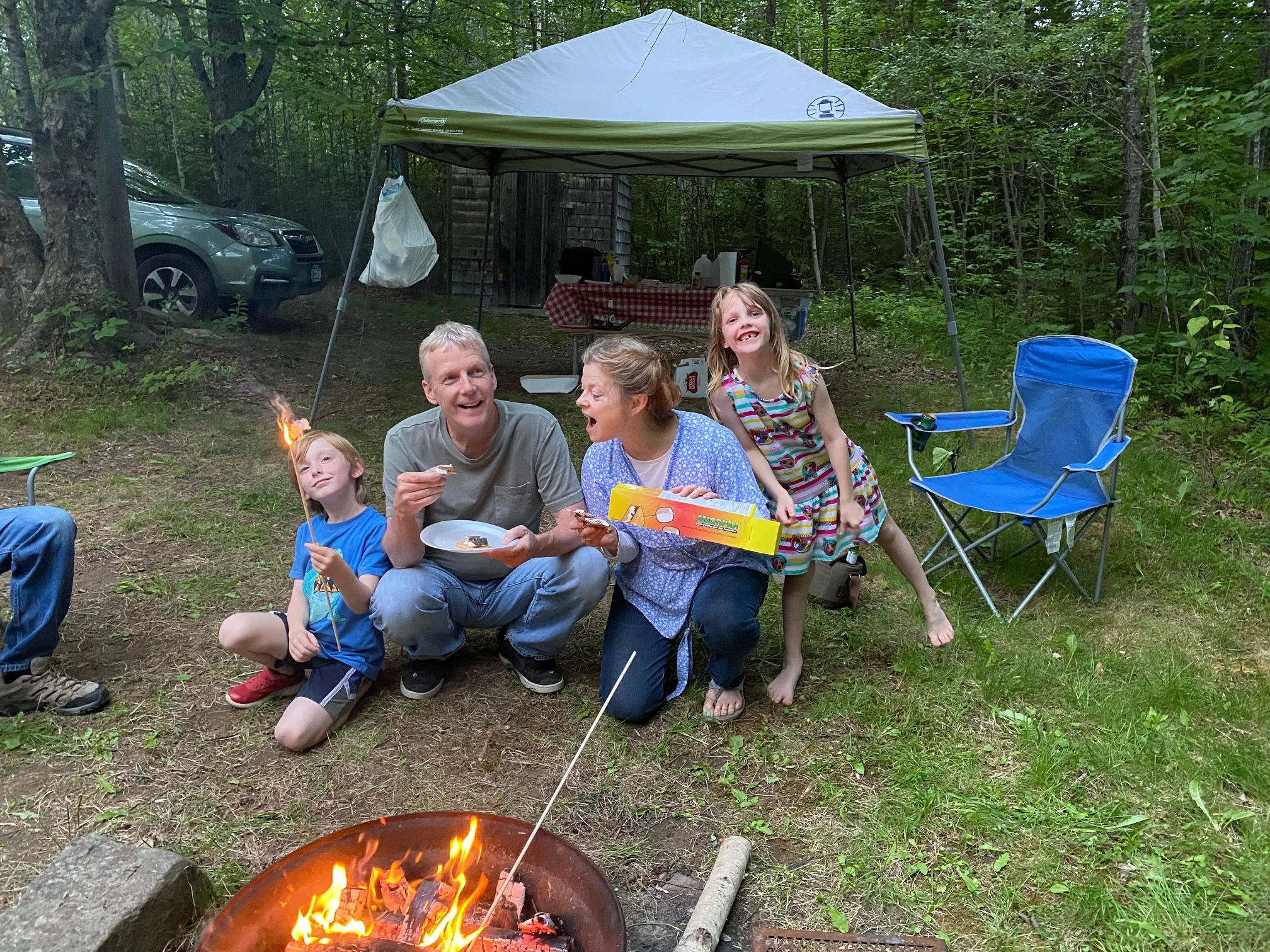 Owner and family roasting marshmallows by campfire